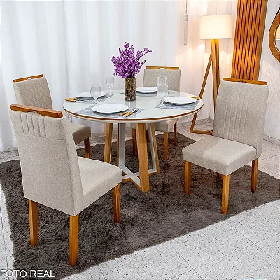 Mesa de Jantar Atlanta 120x120 Cinamomo/Off Tampo Redondo Vidro Off 4 Atlanta Linho Bege Cru Madeira Maciça Minas Plac