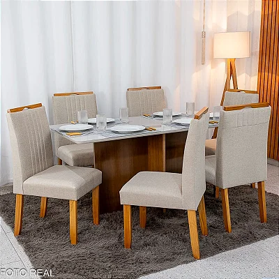 Mesa de Jantar Moscou 160x80 Vidro Off/Base Cinamomo + 6 Cad. Atlanta  Madeira Minas Plac