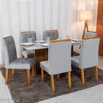 Mesa de Jantar Moscou 160x80 Vidro Off/Base Cinamomo + 6 Cad. Londres Madeira Minas Plac