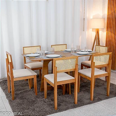 Mesa de Jantar Dubai 160x80 Tampo Londres Cinamomo Cel Móveis + 6 Cad. Santorini Linho Bege Madeira - Minas Plac