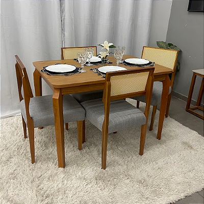 Mesa de Jantar Alegra 1.20×0.80 Com 4 Cadeiras Grécia – Cinamomo/Linho Cinza