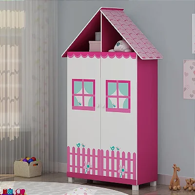 Roupeiro Infantil Casinha 2P2G Pink Ploc.Branco Acetinado - Gelius
