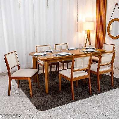 Mesa de Jantar Londrina 180x90 Cinamomo Rufato + 6 Cad. Dubai Linho Bege Madeira - Art Assento