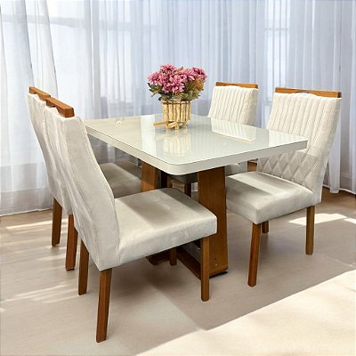 Mesa Sintonia (Tampo Maxi) 120 Amêndoa Clean/Off White com 4 Cadeiras Gênova Veludo Marfim