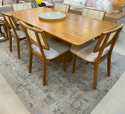Mesa Barcelona 2.00x1.00 Laminada Cinamomo com 06 Cadeiras Livia Telinha Linho
