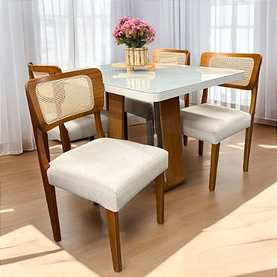Mesa Sintonia (Tampo Maxi) 120 Amêndoa Clean/Off White com 4 Cadeiras Alasca Linho Bege