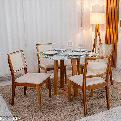 Mesa de Jantar Pedro 90x90 Vidro Off/Base Madeira + 4 Cad. Dubai Linho Bege 629 Madeira Maciça - Art Assento