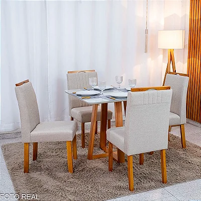 Mesa de Jantar Bali 90×90 Vidro Off/Base Madeira + 4 Cad. Atlanta Linho Bege Cru Madeira Minas Plac