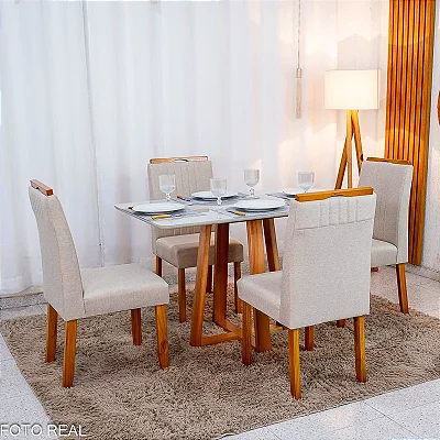 Mesa de Jantar Bali 120×80 Vidro Off/Base Madeira + 4 Cad. Atlanta Linho Bege Cru Madeira Minas Plac