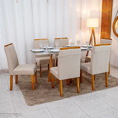 Mesa de Jantar Bali 160×80 Vidro Off/Base Madeira + 6 Cad. Atlanta Linho Bege Cru Madeira Minas Plac