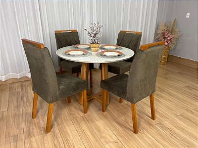 Mesa de Jantar Bali Circular 1.10×1.10 Vidro c/4 Cadeiras Isa em Veludo - Minas Plac/Ouro Decor