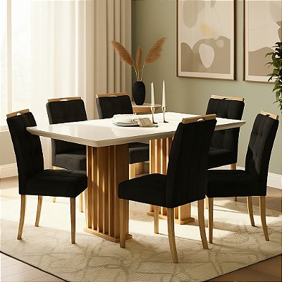 Mesa Mona/Munique 1.60m Mel/Blonde Off White com 06 Cadeiras Sophia em Veludo