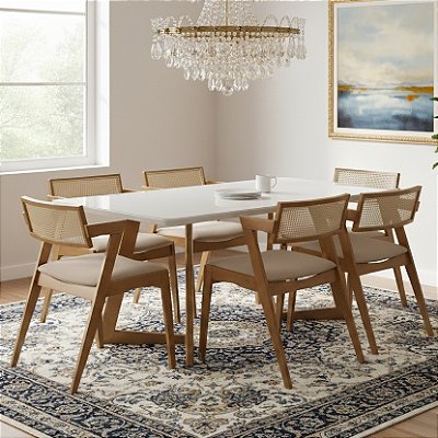 Mesa Miami 160 Canela/Off White com 6 Cadeiras Zeus Canela/Linho Bege