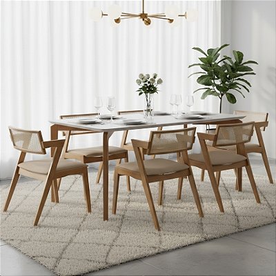 Mesa Roma 160 Canela/Off White com 6 Cadeiras Zeus Canela/Linho Bege