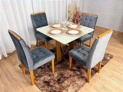 Mesa de Jantar Madri 0.90x0.90 Com 4 Cadeiras Londres Veludo