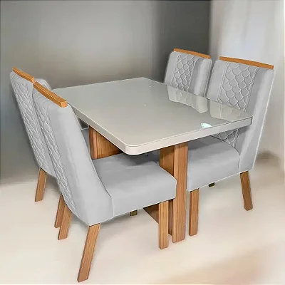 Mesa de Jantar Dora Vidro120x80cm com 4 Cadeiras Dora Tecido Veludo Valdemóveis