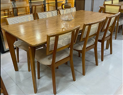 Mesa Texas 200x100 Tampo MDF/Sem Vidro Cinamomo c 6 Cadeiras Madeira Lívia Enc. Palhinha Linho