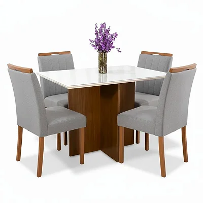 Mesa de Jantar Helo 120×90 Vidro Off/Base Mel Poliman com 4 Cadeiras Isabela Linho Madeira Maciça