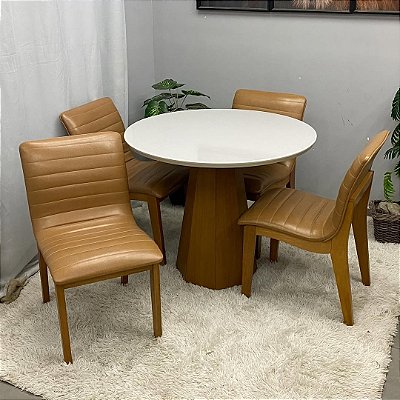 Mesa Isis com Vidro Redonda 100cm + 04 Cadeiras Sofia em Madeira Maciça Tauari