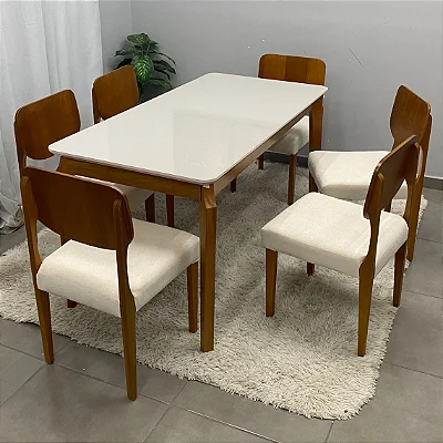 Mesa de Jantar Alegra 180x90cm com Vidro e 6 Cadeiras Barcelona em Linho Madeira Jcm