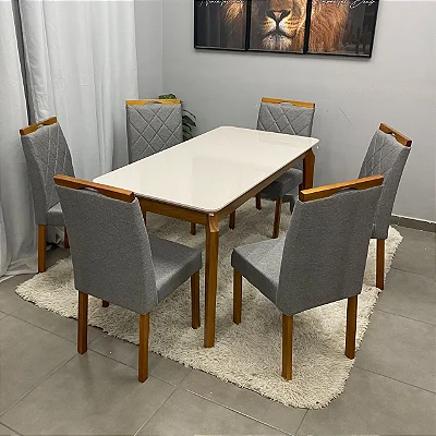Mesa de Jantar Alegra 180x90cm com Vidro e 6 Cadeiras California em Linho Madeira Jcm