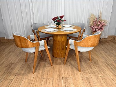 Mesa de Jantar Paris Circular 1.10×1.10 c/4 Cadeiras Pérola – Cinamomo Laminado/Cinza Linho