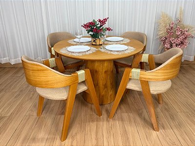 Mesa de Jantar Paris Circular 1.10×1.10 c/4 Cadeiras Ravena – Cinamomo Laminado/Linho