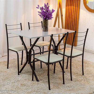 Mesa Rio Base Cabo Frio Marrom Tampo Pedra Off 100x60 4 Cadeiras Assento Creme - Teixeira