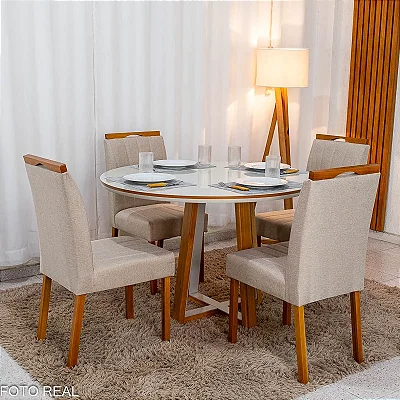 Mesa de Jantar Atlanta Redonda 120cm /Base Madeira - Minas Plac + 4 Cad. Isabela Linho Bege 01 Madeira KM Decor