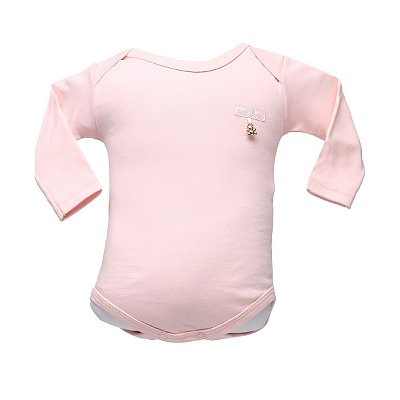 Body para Bebê Básico Manga Longa Liso 100% Algodão com Pingente Folhado a Ouro - Rosa - Baby Baby