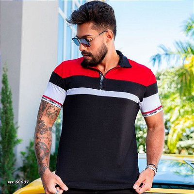 Camiseta polo color block com zíper