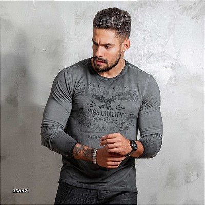 Camiseta gola O stonada manga longa