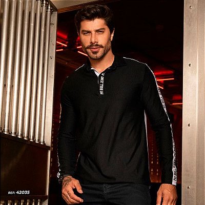 Camiseta gola polo masculina conforto manga longa bicolor