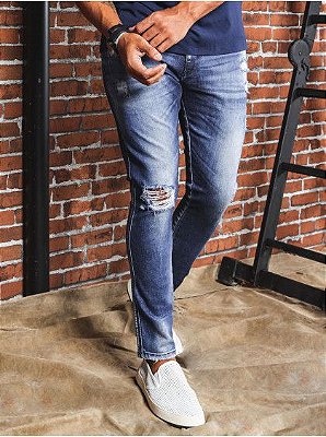 Calça jeans masculina slim com destroyeds
