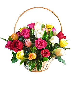 Cesta Encanto de 24 Rosas Coloridas