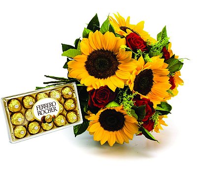 Buquê de Rosas e Girassóis e Ferrero Rocher