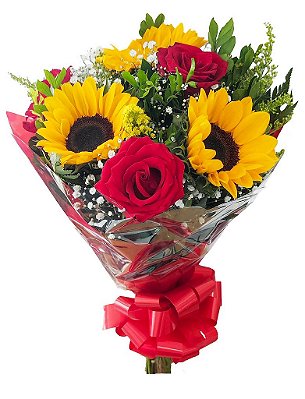 Buquê com 3 Rosas e 3 Girassóís