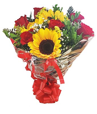 Lindo Buquê de Rosas e Girassóis