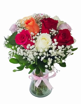 Arranjo de 12 rosas coloridas