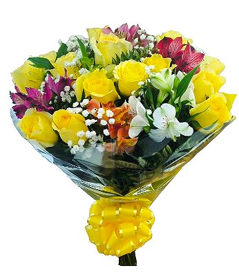 Buquê de rosas amarelas e astromélias
