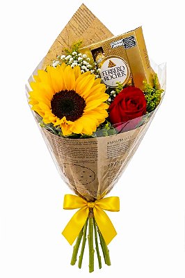 Buquê de Girassol e Rosa Vermelha com Ferrero Rocher