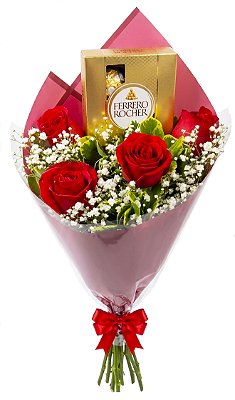 Buquê de 4 Rosas Vermelhas com Ferrero Rocher