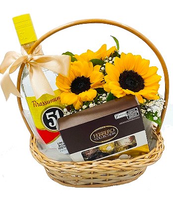 Cesta de Presente com Bebida, Ferrero Rocher e Girassóis