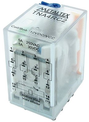 TNA4RC2 RELÉ SUBMINIATURA 4 CONTATOS REVERSÍVEIS 12 VCC 5A TERMINAL SOLDA FIO METALTEX