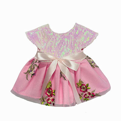 Vestido Rosa Claro com Bordado Boneca Bebe Reborn - 55Cm