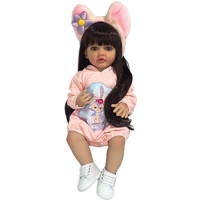 Boneca Bebe Reborn Corpo de Silicone Aurora com Tiara de Gato - 55cm