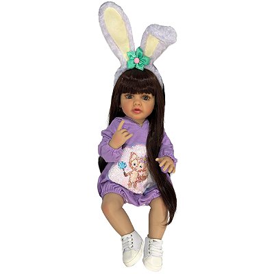 Boneca Bebe Reborn Corpo de Silicone Aurora com Tiara de Coelho - 55cm