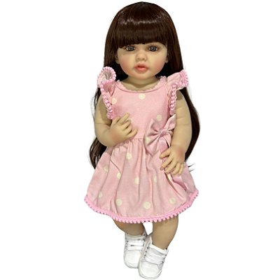 Boneca Bebe Reborn Corpo de Silicone Aurora com Vestido Rosa - 55cm