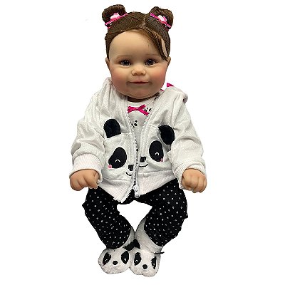 Boneca Bebe Reborn Corpo de Silicone Helena com Roupinha de Panda - 55cm