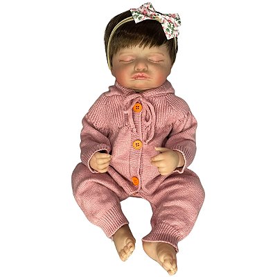 Boneca Bebe Reborn Corpo de Silicone Any Roupa de Frio Rosa - 55cm